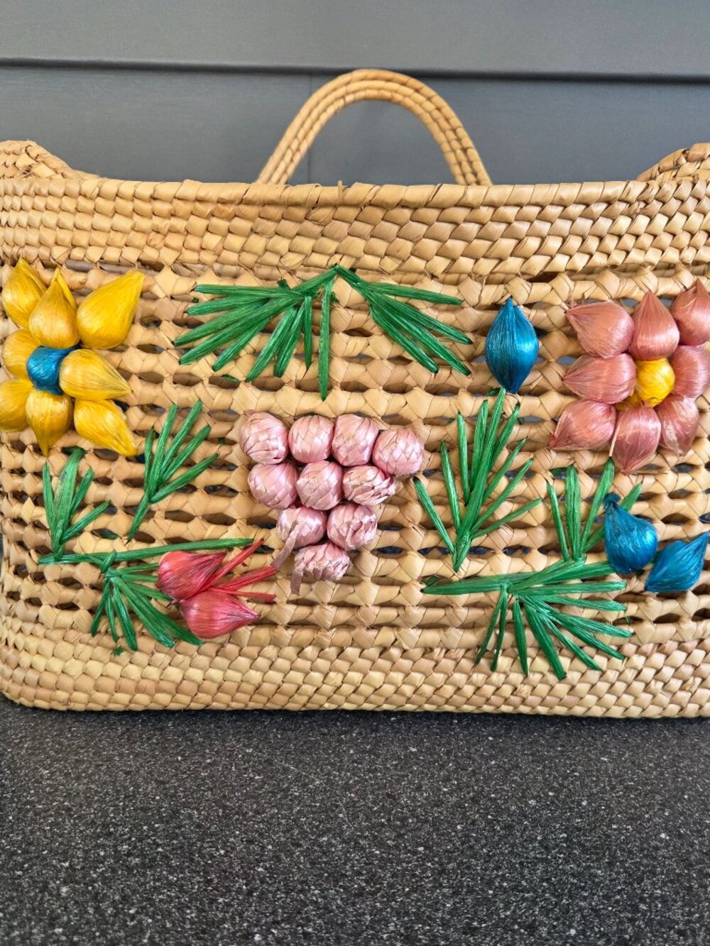 Vintage Handwoven Raffia Straw Tote Bag With Floral Appliqué Vibrant Colors 16"